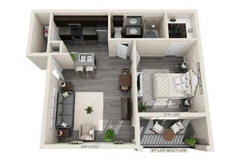 Floor plan for 1 bed, 1 bath, 652 sqft